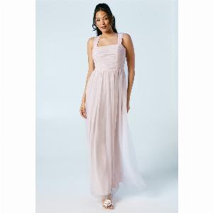 Square Neck Mesh Maxi Bridesmaid Dress  Pink