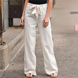 Pantalon en lin uni pour femmes taille élastique à lacets jambes larges ample Long décontracté grande taille été S5XL XL noir