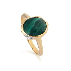 Irregular B Gem Malachite Diamond Ring in Gold Plated Sterling Silver
