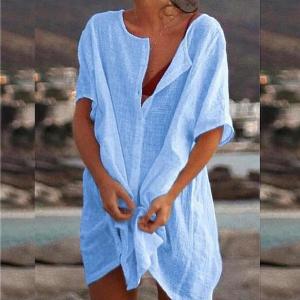 S8XL grande taille mode été femmes décontracté plage vêtements de plage cachemaillot robe en lin ample à manches courtes col en v profond couleur unie Mini robe de soirée 8XL noir