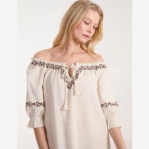 Embroidered Detailing Bardot Tunic Dress L STONE