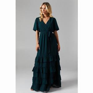 Petite V Neck Puff Sleeve Tiered Georgette Bridesmaids Dress