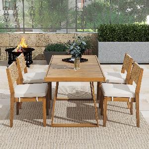 Table et chaise de jardin Salon de jardin 5 pièces avec table en bois dossier en rotin coussins de pieds BlancCouleur naturelle   Aosom France