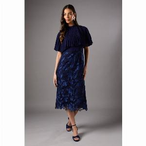 Pleated Detail Midi Dress With Lace Skirt  Navy