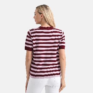 THE GENS GEM  Maisi Striped Knitted Round Neck Light Softly Brushed Top Size M  Pink