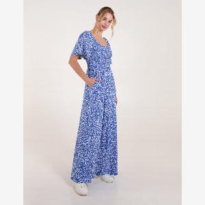 Square Neck Shirred Waist Angel Sleeve Wide Leg Jumpsuit  SM  BLUE