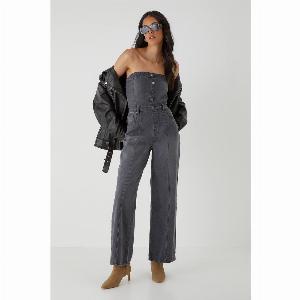 Womens Denim Button Front Bandeau Jumpsuit  grey  14 Grey