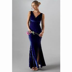 V Neck Tie Back Velvet Bridesmaid Maxi Dress  Navy