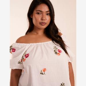 Curve Milkmaid Flower Embroidered Top  1820  WHITE