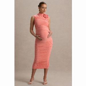 Shellie Coral HighNeck Maternity Midi Dress With Corsage Detail