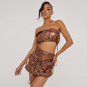 Bandeau Pocket Zip Front Detail Crop Top In Bronze Metallic Womens Size UK 8