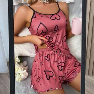 2 piècesensemble femmes col rond haut sans manches élastique coeur imprimé à bretelles pyjamas ensemble taille haute chemise M abricot