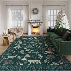 Cora Washable Modern Vibrant Jungle Animals Green Rug  8 x 10