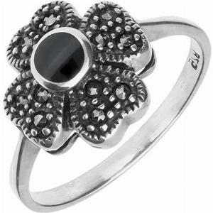 Sterling Silver Whitby Jet Marcasite Small Flower Ring