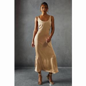Womens Crinkle Satin Scoop Neck Midaxi Dress  champagne  8 Champagne