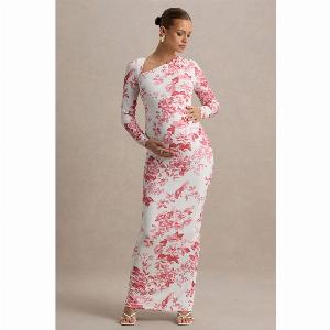 Vanette Pink Floral Print Asymmetric LongSleeve Maternity Maxi Dress