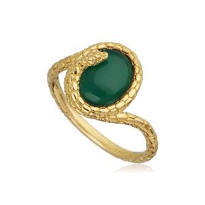 ECFEW Dyed Green Chalcedony Winding Snake Ring In Yellow Gold Plated Silver