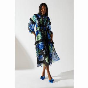 Floral Chiffon Tie Neck Lace Trim Dress