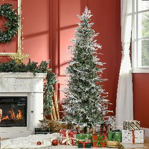 HOMCOM Pencil Snow Flocked Artificial Christmas Tree with Realistic Cypress Branches Auto Open Green