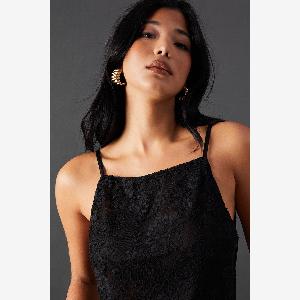 Warehouse Womens Lace Square Neck Asymmetric Hem Top in True Black Size 8