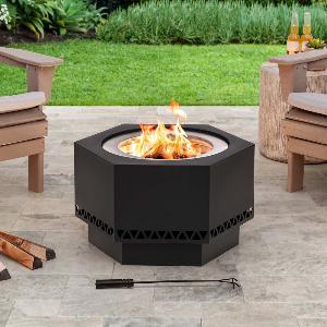 SUNJOY 26 Inch Hexagon Stainless Steel Smokeless Fire Pit with PVC Cover