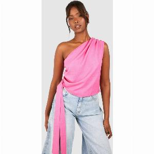 Womens Linen Look Asymmetric Ruched Blouse  Pink  6