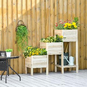 Outsunny Jardinière sur pieds carré 3 pots bac à fleurs carré potager étagère de rangement 125 x 45 x 108 cm bois