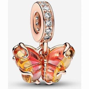 Pandora Pink  Yellow Murano Glass Butterfly Dangle Charm