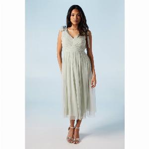 V Neck Bow Shoulder Pleated Mesh Bridesmaids Midi Dress  Sage