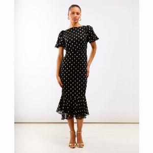 Get 50 Discount on Black Chiffon Foil Puff Sleeve Midi Dress Size 20