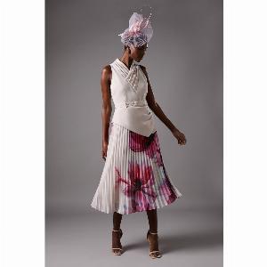 Pleated V Neck Sleeveless Pleated Skirt Midi Dress  Cream