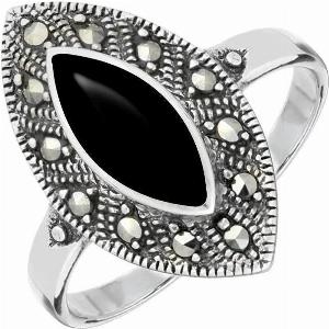 Sterling Silver Whitby Jet Marcasite Vintage Edge Marquise Ring