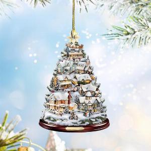 Christmas Snow Village House Ornament Log Cabin Tree Hanging Decoration Acrylic Pendant for Home Party Car Decor D