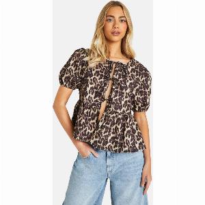 Womens Leopard Puff Sleeve Bow Tie Blouse  Brown  6