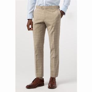 Alexandre Tailored Fit Stone Blue Check Mens Trousers Beige