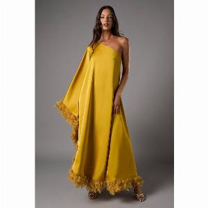 One Shoulder Satin Feather Trim Maxi Dress  Gold
