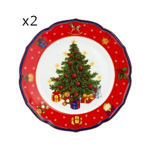 Set 2 piatti frutta albero Natale rosso porcellana
