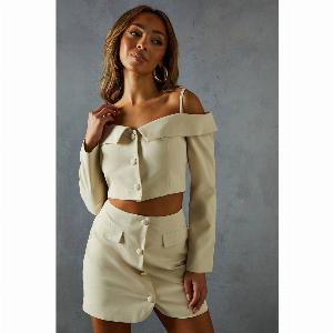 Womens Tailored Bardot Button Down Top  stone  14 Stone