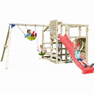 Roter Spielturm mit Rutsche und Doppelschaukel für Crossfit