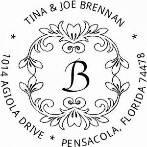 Tampon en bois rond avec monogramme et motif floral pour adresse