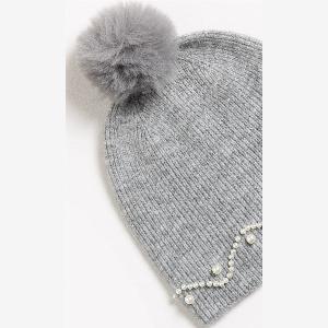 Enjoy 27 Discount on Grey Womens Pom Pom Beanie with Pearl Detail
