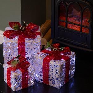 Set of 3 Light up White Christmas Parcels with Red Bows  White LEDs