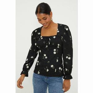 Womens Floral Shirred Cuff Textured Long Sleeve Top  Mono  M