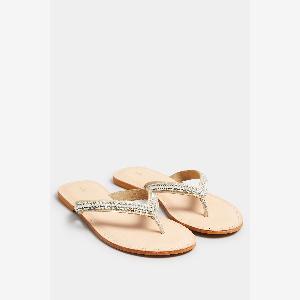 Lts Gold Embellished Leather Flip Flop Sandal In Standard Fit Standard  13 Lts  Tall Womens Flats