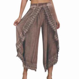 Taille haute jambe large neuvième longueur sarouel couleur unie femmes dentelle garniture pantalons décontractés dame vêtements S blanc