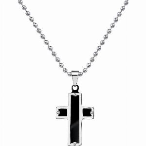 Mens Black Enamel Cross Pendant Necklace in Stainless Steel