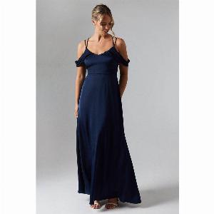 Wrap Cold Shoulder Strappy Satin Bridesmaid Dress  Navy