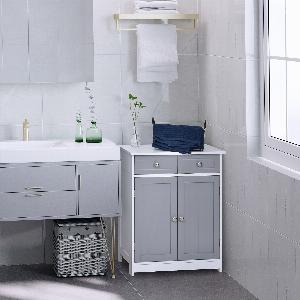 kleankin Meuble de salle de bain sur pied armoire de salle de bain 2 portes 2 tiroirs 60 x 30 x 75 cm gris et blanc