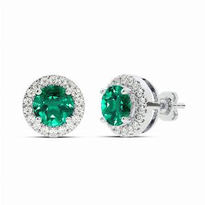 Dainty Lab Grown Diamond Dynasty Halo Earrings  10K White Gold 16 cttw Diamond  4mm Round Emerald