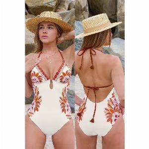 Maillot de bain une pièce avec col en V à fleurs beige